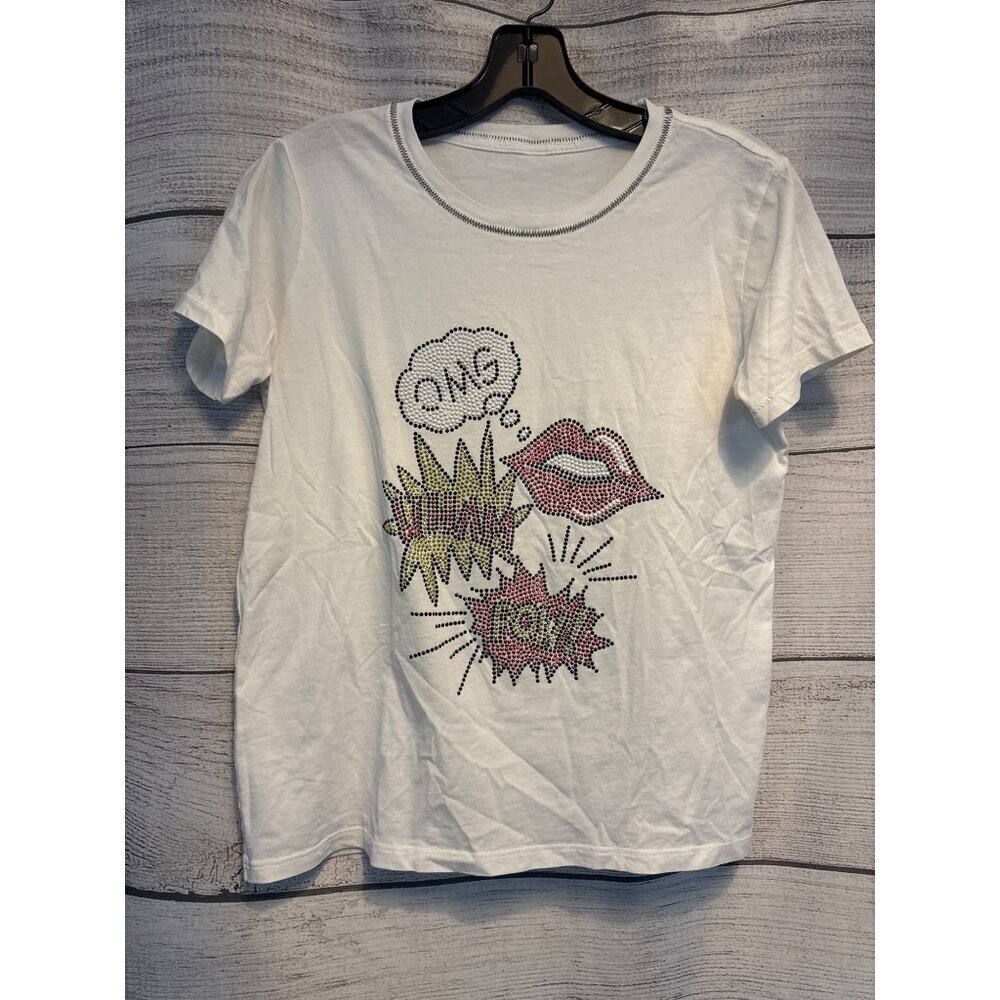 OMG Rhinestone Comic Book Pop Art White Graphic Tee